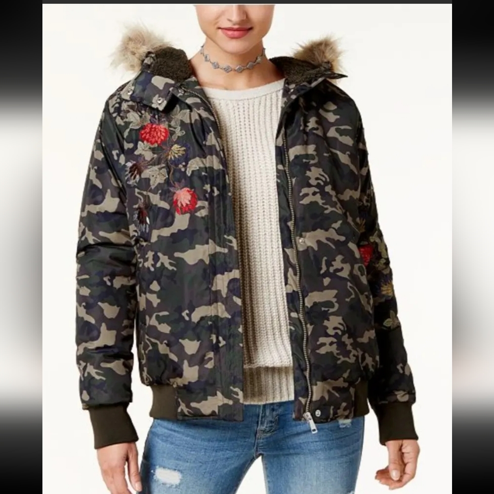 American Rag Cie Floral Camouflage Embroidered Bomber Jacket Faux Fur Hood